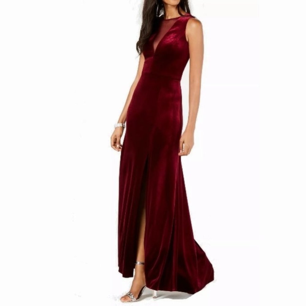 NWT Wine Velvet Dramatic Slit Evening Formal Gown